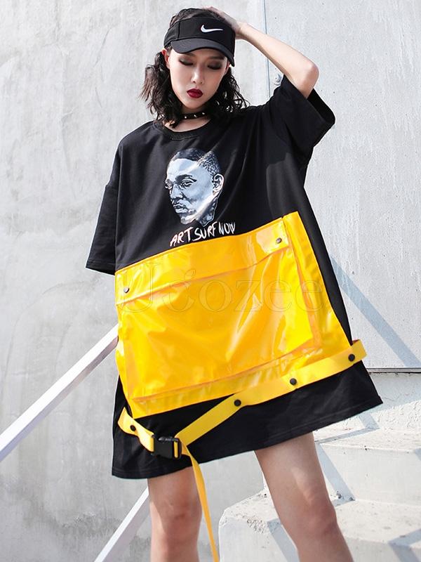 Loose Split-joint Color-block Pocket T-shirt