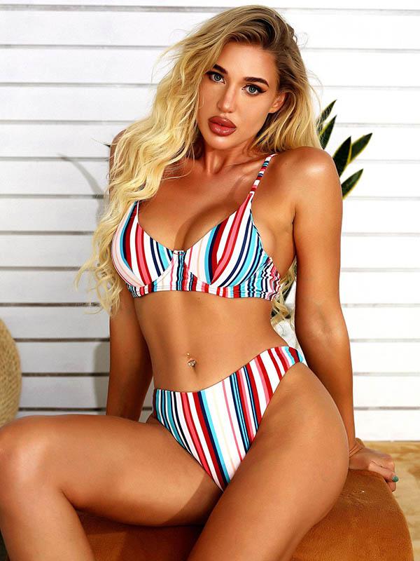 Striped-Print Underwired Split Bikini Swimsuit