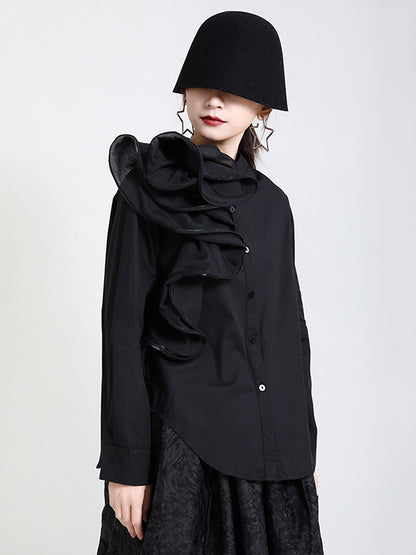 Stylish Falbala Split-Joint Solid Color Buttoned Stand Collar Long Sleeves Blouse