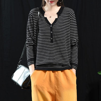 Buykud V-Neck Striped Long Sleeve Casual Blouse