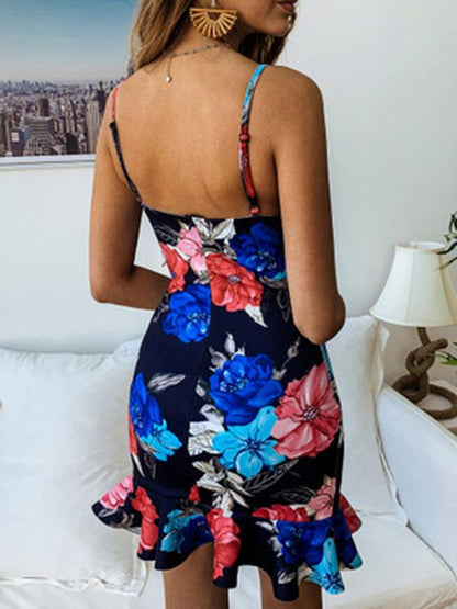 Floral Spaghetti-neck V-neck Mini Dress