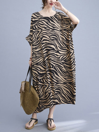 Original Zebra-Stripe Round-Neck Batwing Sleeve Midi Dress