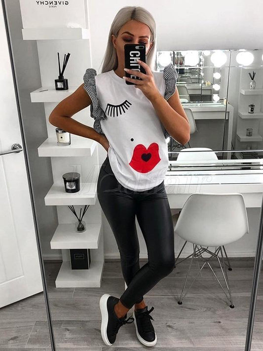 Cartoon Floral Printed Falbala Sleeves T-shirt