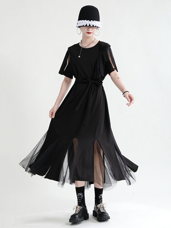Asymmetric Split-Joint Gauze Hollow Short Sleeves A-Line Midi Dress