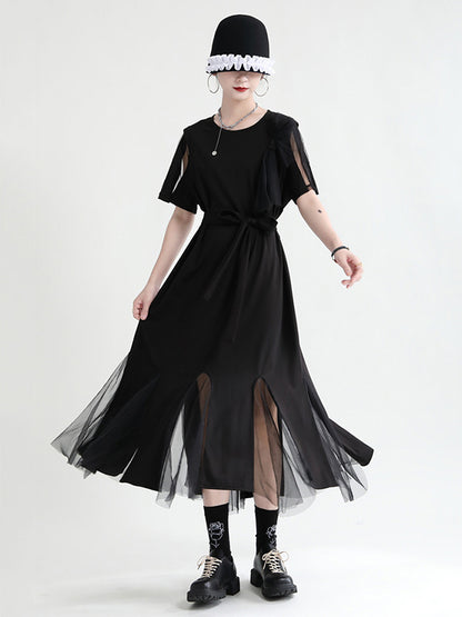 Asymmetric Split-Joint Gauze Hollow Short Sleeves A-Line Midi Dress