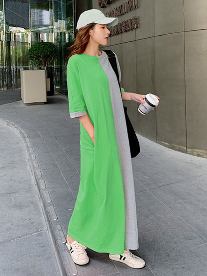 Casual Color Matching Round-Neck Long Sleeves Maxi Dress