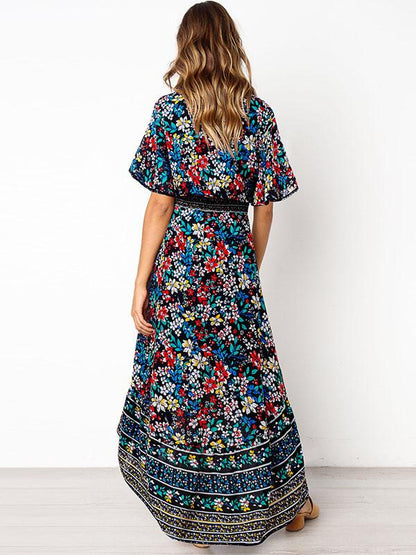 Printed Flared Sleeve Bohemian Flowers Maxi Dress