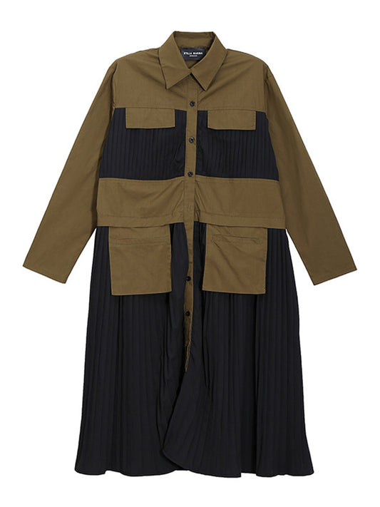 Original Pleated Split-Joint With Pocket Buttoned Lapel Collar Long Sleeves Midi Shirt Dress
