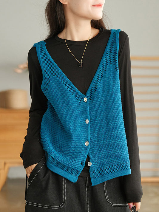Simple Solid Color Buttoned V-Neck Hollow Vest Tops