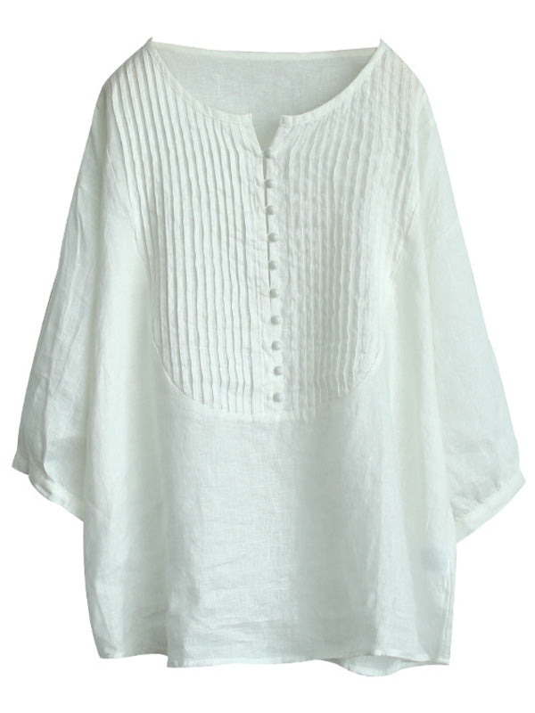 Original Linen Solid Color Pleats T-Shirts Tops