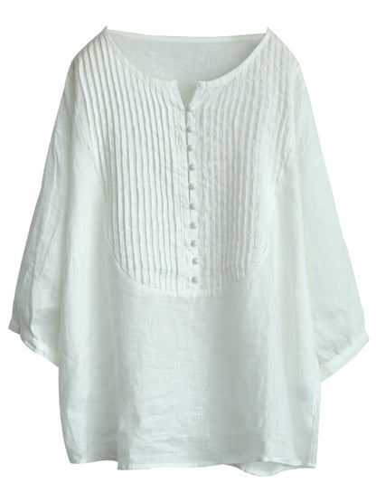 Original Linen Solid Color Pleats T-Shirts Tops