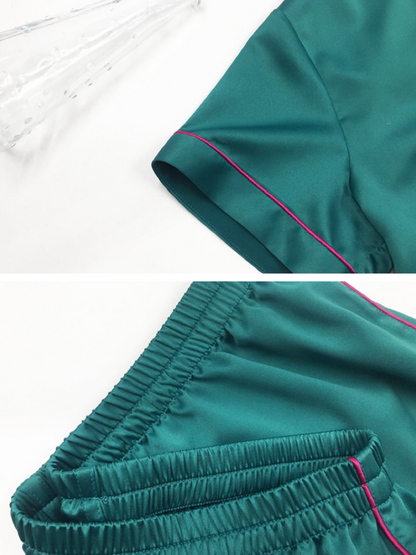 Casual Solid Color Notched Collar Short Sleeves Shirts+ Elastics Shorts Pajama