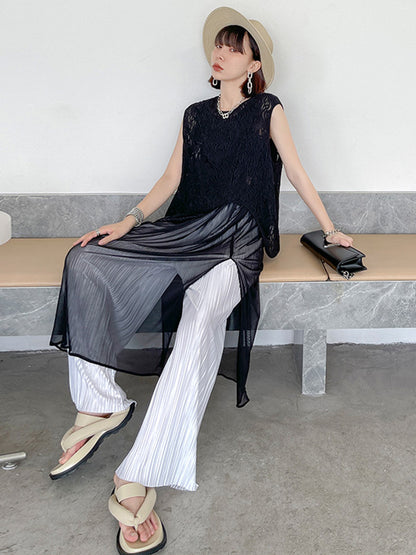 Stylish Asymmetric Hollow Split-Joint See-Through Round-Neck Vest
