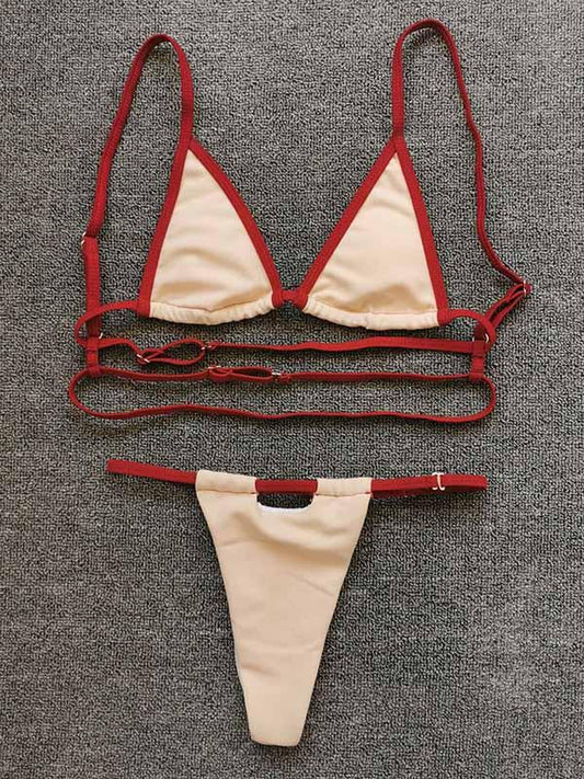 Solid Color Triangles Bandage Split Bikini Swimsuit