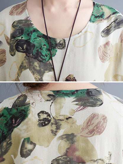 Original Artistic Retro Loose Pleated Floral Printed Midi Dress