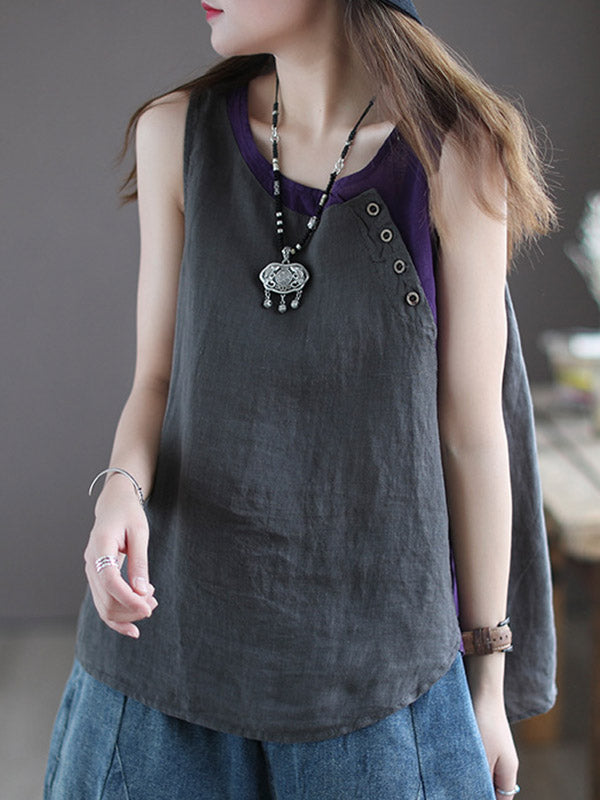 Leisure Split-Joint Linen Contrast Color Round-Neck Vest