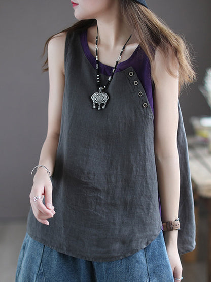 Leisure Split-Joint Linen Contrast Color Round-Neck Vest
