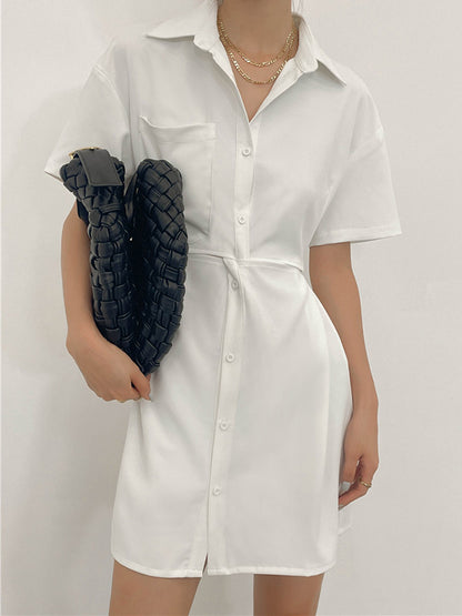Original Solid Color Short Sleeve Lapel Shirt Dress
