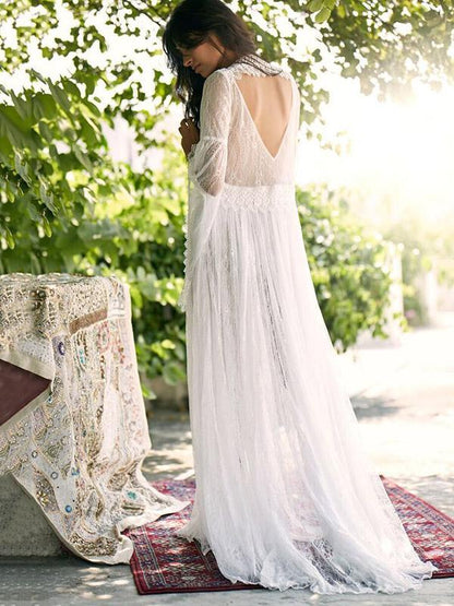 See-through Flared Sleeves V-back Maxi Dress