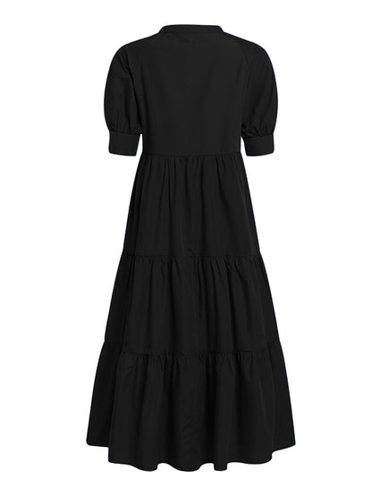 Original Solid Color Split-Joint Pleated Buttoned Stand Collar Half Puff Sleeves Midi Dress