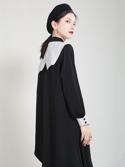 Original Irregular Split-Joint Buttoned Tied Lapel Collar Long Sleeves Midi Dress