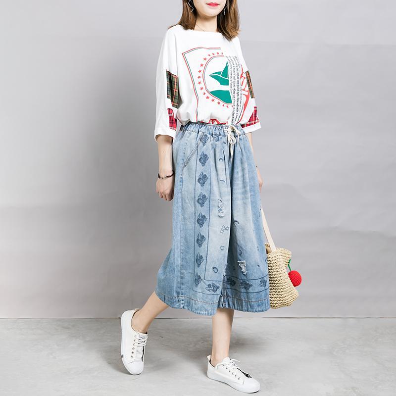Embroidery Drawstring Casual Wide Leg Jeans
