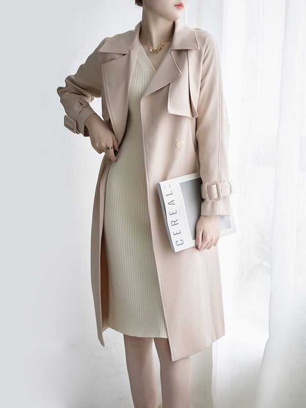 Urban Solid Color Bandage Belted Coat