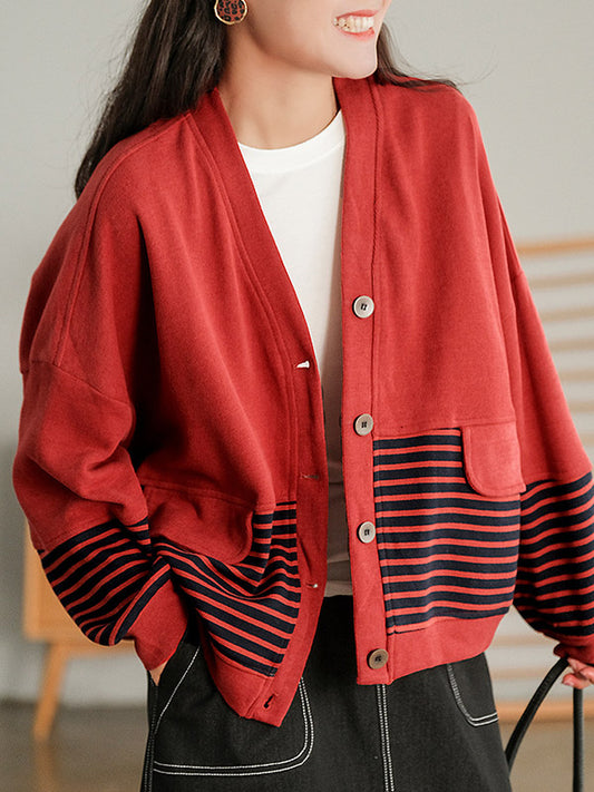 Casual Striped Buttoned V-Neck Batwing Sleeve Outerwear