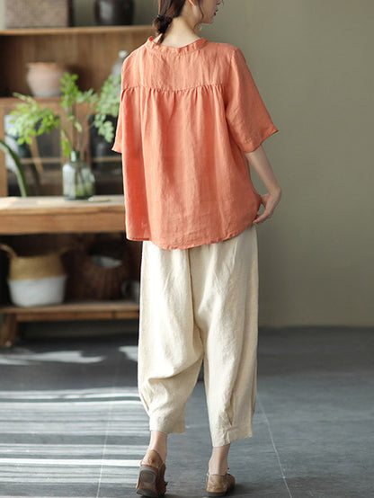 Original Linen Solid Color Half Sleeve T-Shirts Tops