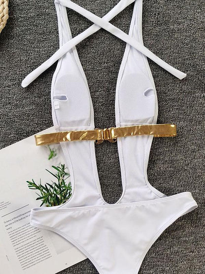 Sexy Deep V-Neck Sash Split Type Bikini Swimsuit
