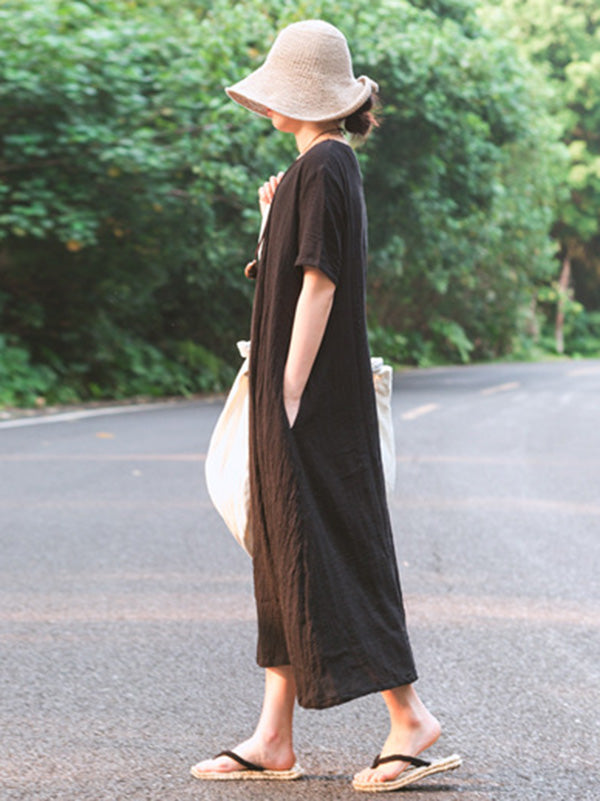 Simple Ramie Cotton V-Neck Short Sleeve Midi Dress