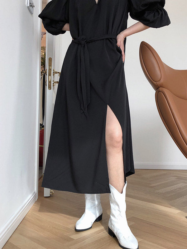 Fashion Split-Front Puff Sleeves V-Neck Midi Dress