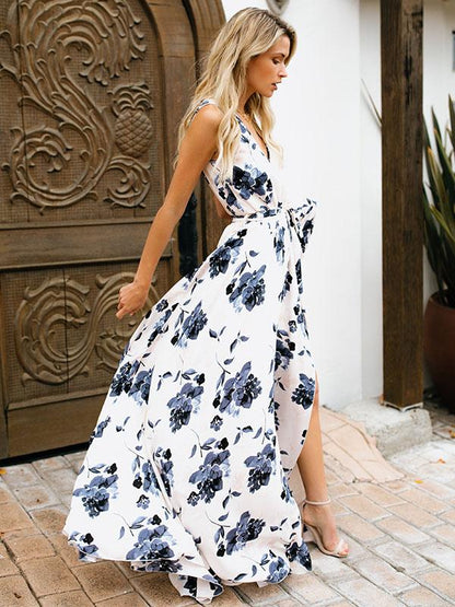 Bohemia Floral Sleeveless Waisted Maxi Dress