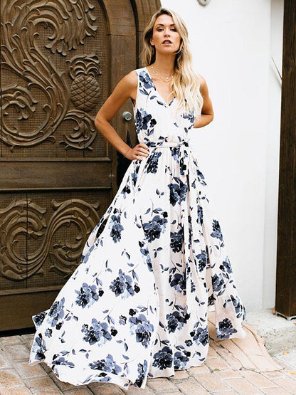 Bohemia Floral Sleeveless Waisted Maxi Dress