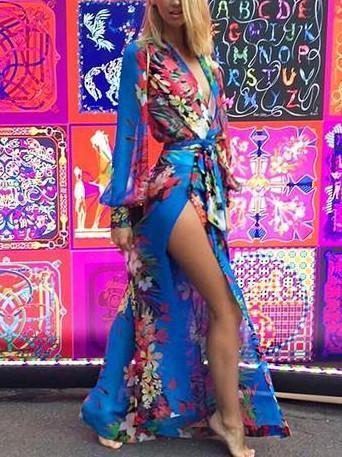 Chiffon Floral-Print Long Sleeve Deep V Neck Side Split Maxi Dress