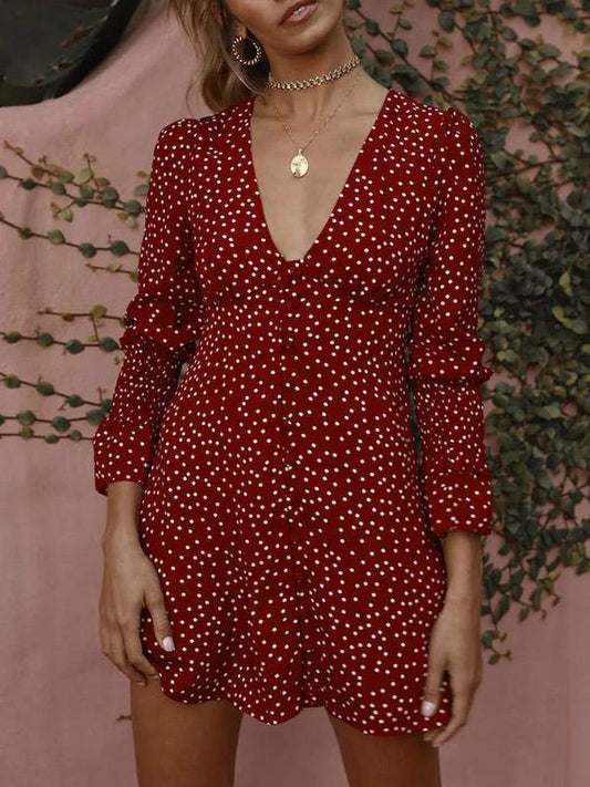 Dot V-Neck Long Sleeves Mini Dress