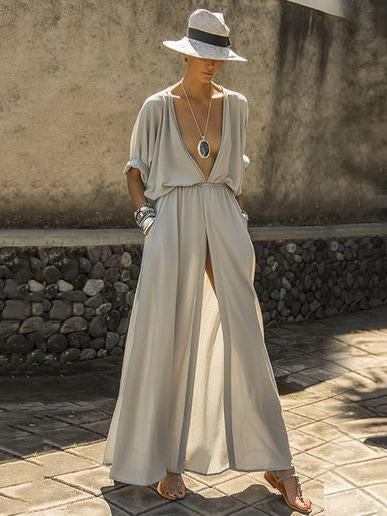 Deep V-neck Maxi Shirtdress