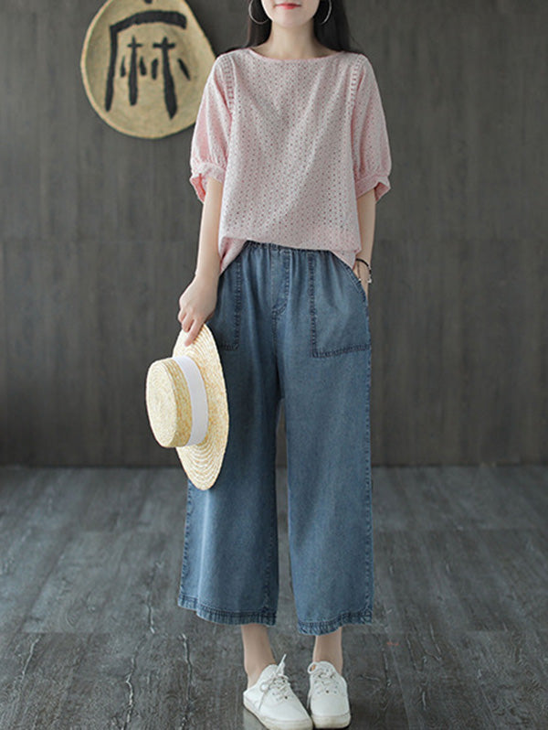 Artistic Retro Hollow Solid T-Shirts Tops