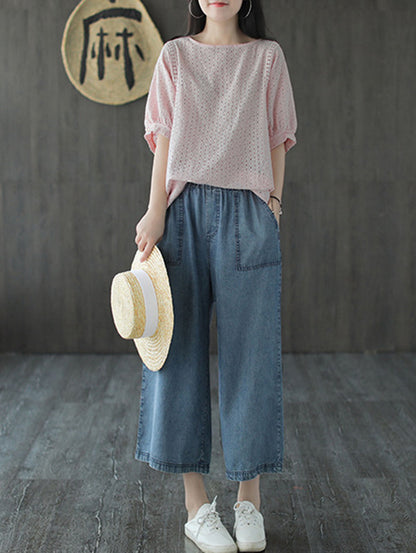 Artistic Retro Hollow Solid T-Shirts Tops