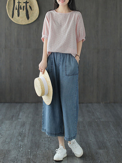 Artistic Retro Hollow Solid T-Shirts Tops