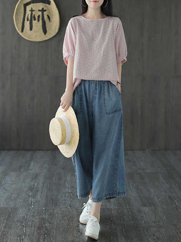 Artistic Retro Hollow Solid T-Shirts Tops