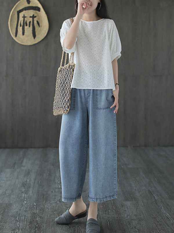 Artistic Retro Hollow Solid T-Shirts Tops