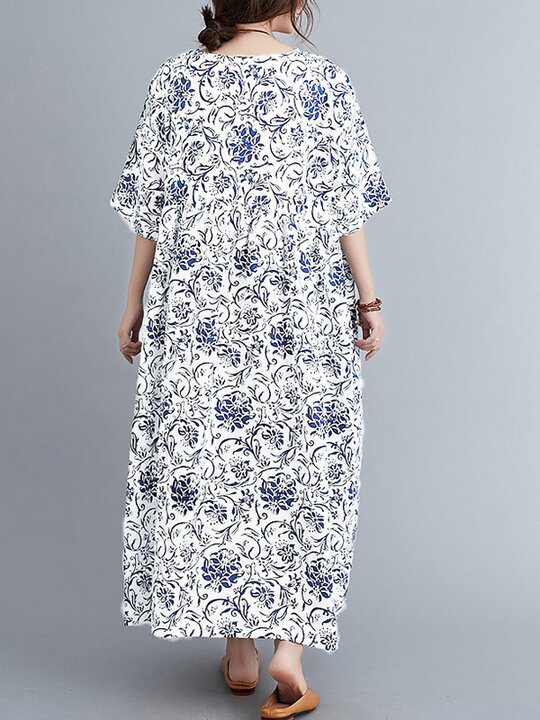 Vintage Floral Round-Neck Dress