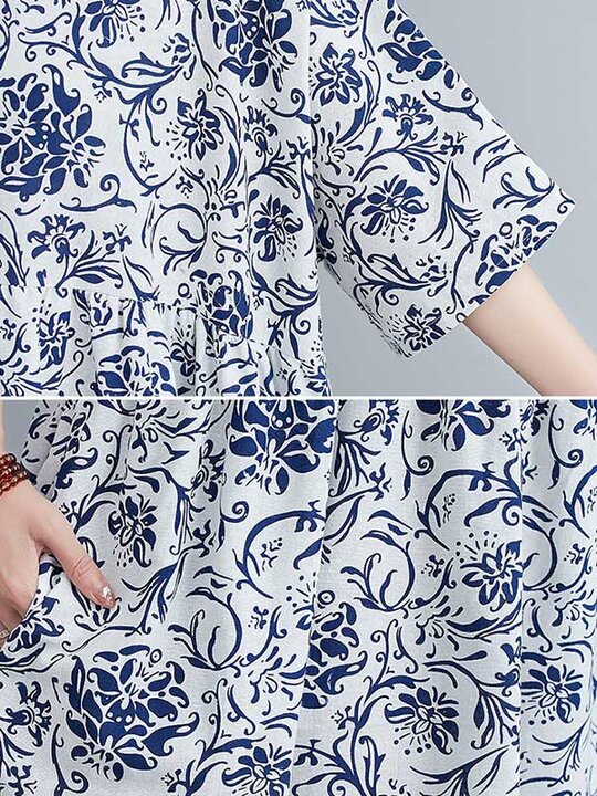 Vintage Floral Round-Neck Dress