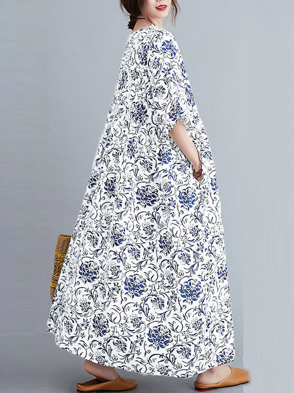 Vintage Floral Round-Neck Dress