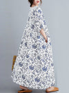 Dressnu Vintage Floral Patchwork Dress - Round Neck Button Front, Seven Sleeve Midi Dress - View #3