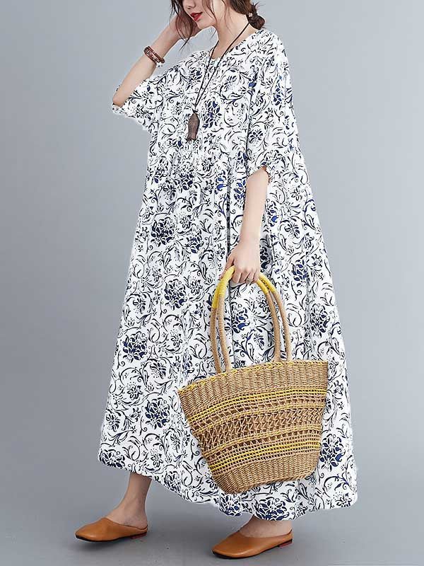 Vintage Floral Round-Neck Dress