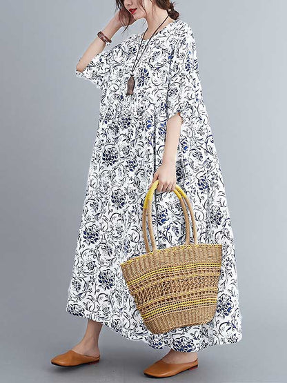 Vintage Floral Round-Neck Dress