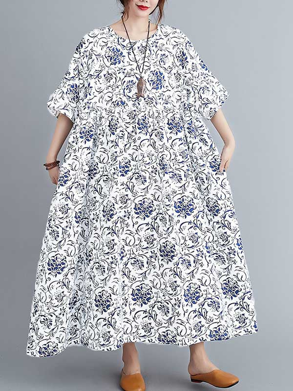 Vintage Floral Round-Neck Dress