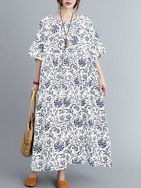 Vintage Floral Round-Neck Dress